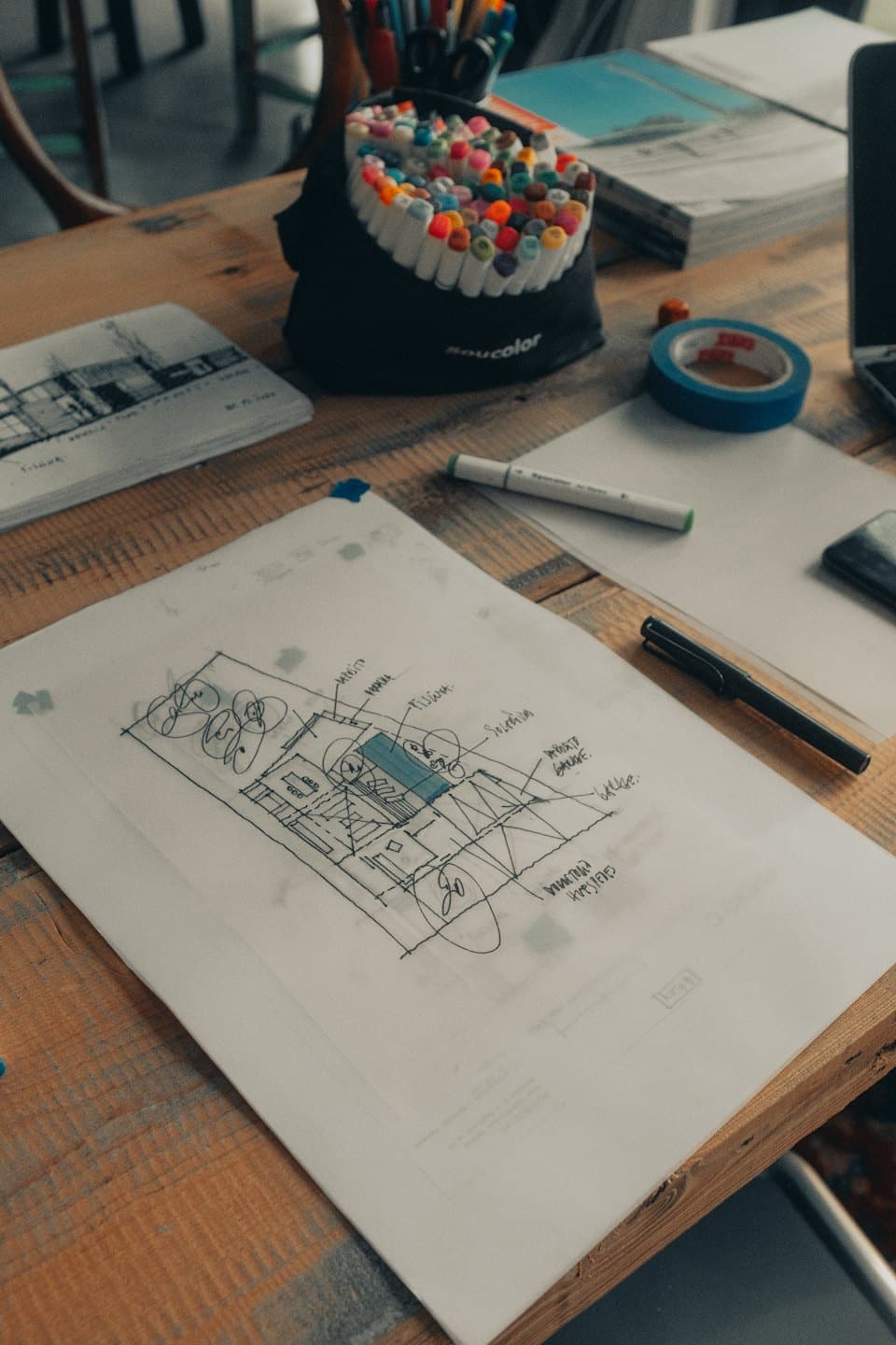 Progetto architettonico e materiale artistico su una scrivania di legno.